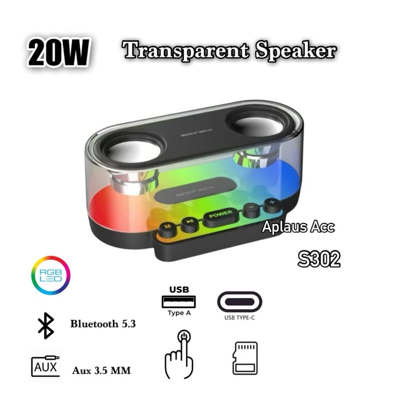 Soonbox S302 Speaker Tranparan 10W Bluetooth 5.3 Suara 360 LED Bass Sound Mechanical Button Tombol