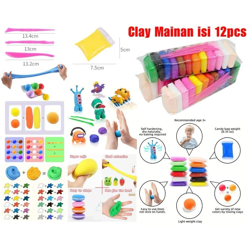 Clay Mainan Anak Isi 12 Pcs Clay 12 Warna Clay Polymer Warna Warni Mainan Slime Lilin Platisin