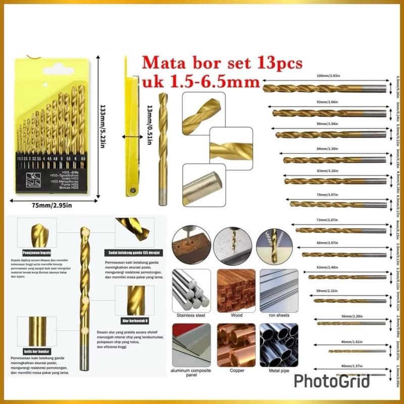 Mata Bor Besi Set 13pcs 1.5mm-6.5mm Mata Bor Kayu Besi Lengkap Multifungsi