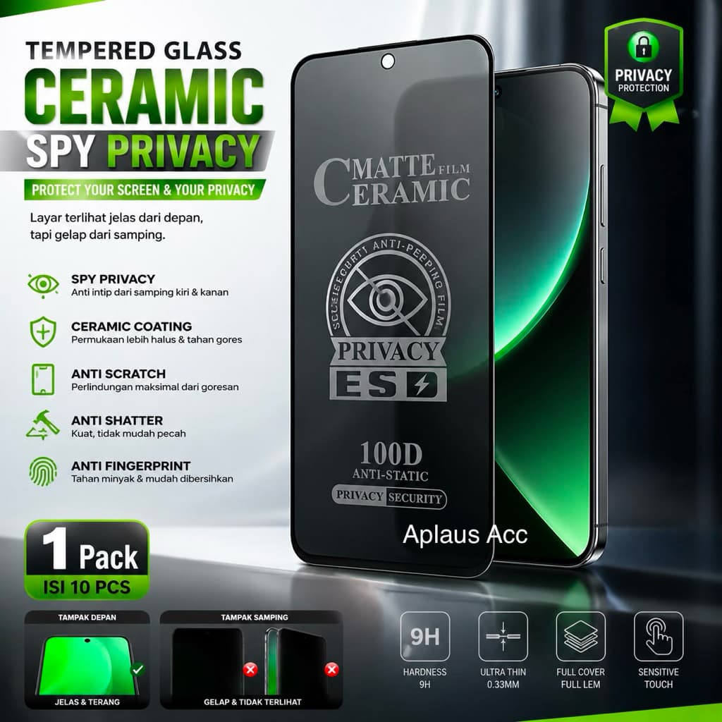 ( harga per box isi 10 pcs ) Tempered Glass Ceramic Spy Privacy Anti Static Full Lem Anti Gores Kaca HUAWEI IPHONE TECNO