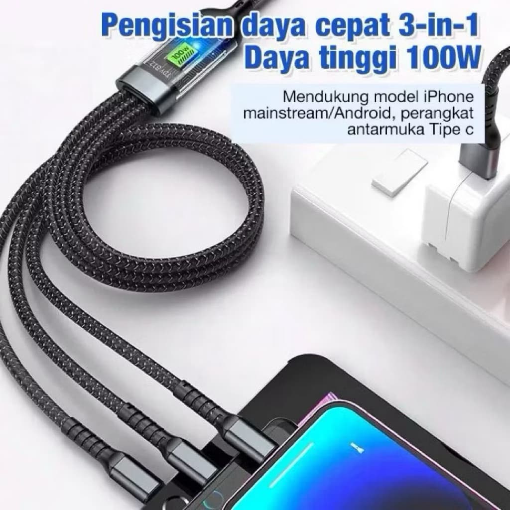 (GROSIRAN) Kabel Data Charger 3 in 1 Fast Charging 100W JK-07 USB Micro Type C Lightning Cable 3in1 Best Quality
