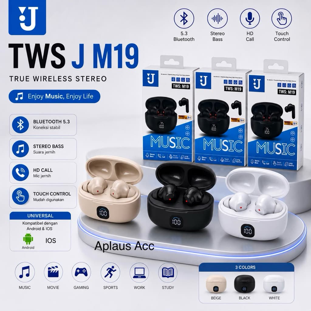 (GROSIRAN) Headset Bluetooth TWS J M19 Wireless Earphone Bluetooth 5.3 HiFi Stereo Bass HD Call Touch Control Universal Android & iOS