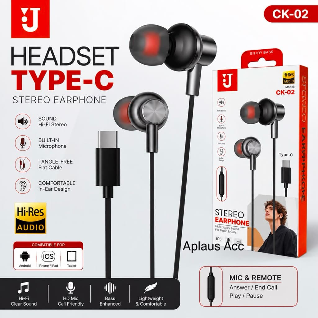 Handsfree Headset Type C Universal Stereo Earphone CK-02 + Mic buat telepon Bass Hifi
