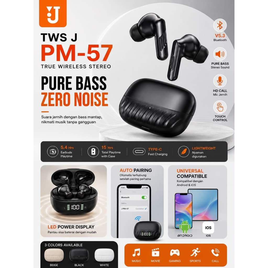 (GROSIRAN) Headset Bluetooth TWS J PM-57 Wireless Earphone Bluetooth 5.3 Pure Bass Zero Noise HD Call Touch Control Android & iOS