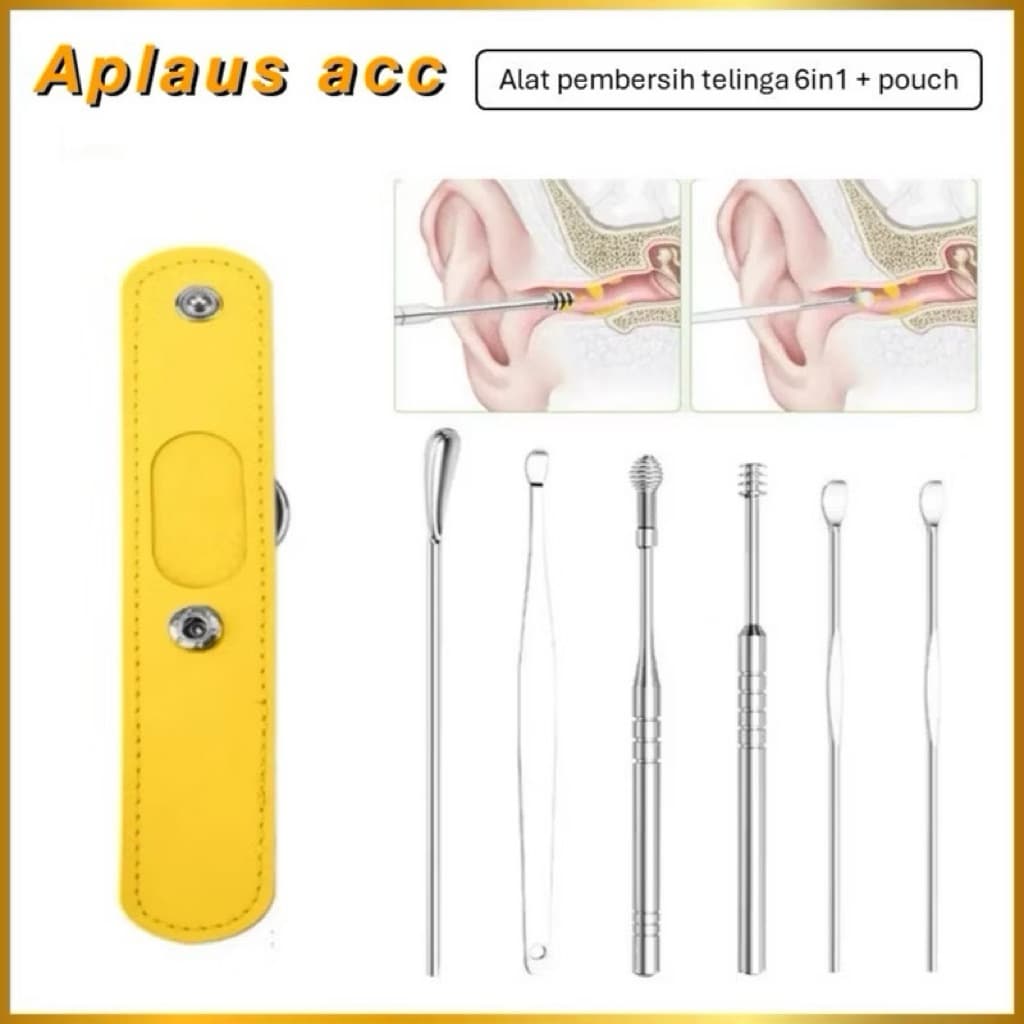 (GROSIRAN) Alat Pembersih Telinga 6 in 1 + Pouch Korek Kuping Pembersih Telinga Ear Wax Picker Stainless