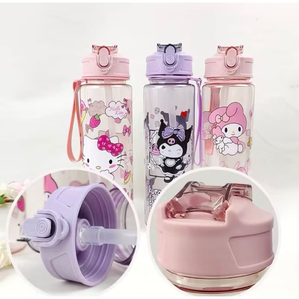 Botol Minum Anak Sanrio Lucu 900ml Botol Minum + Sedotan Bening Dengan Tali Tangan BPA Free