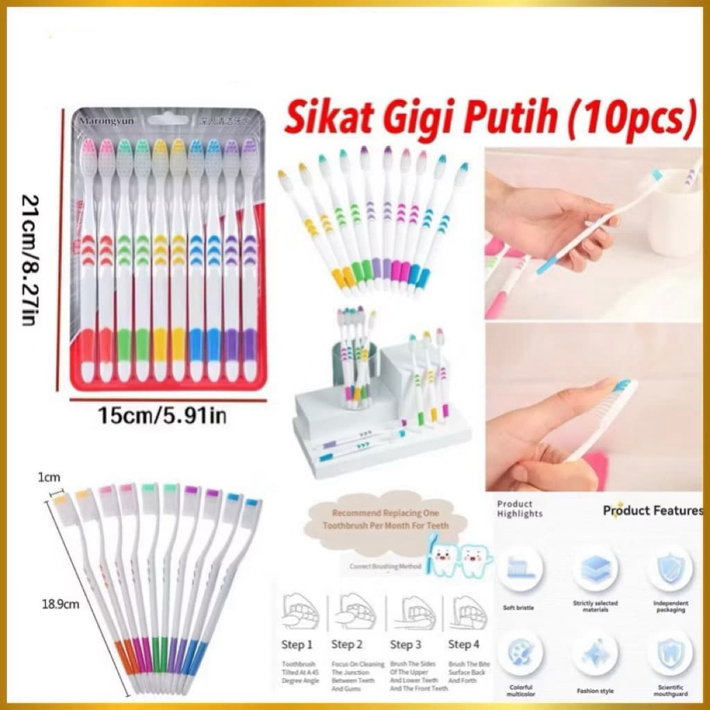 Sikat Gigi Putih Dewasa Sikat Gigi Bulu Halus Lembut Isi 10pcs Travel Toothbrush
