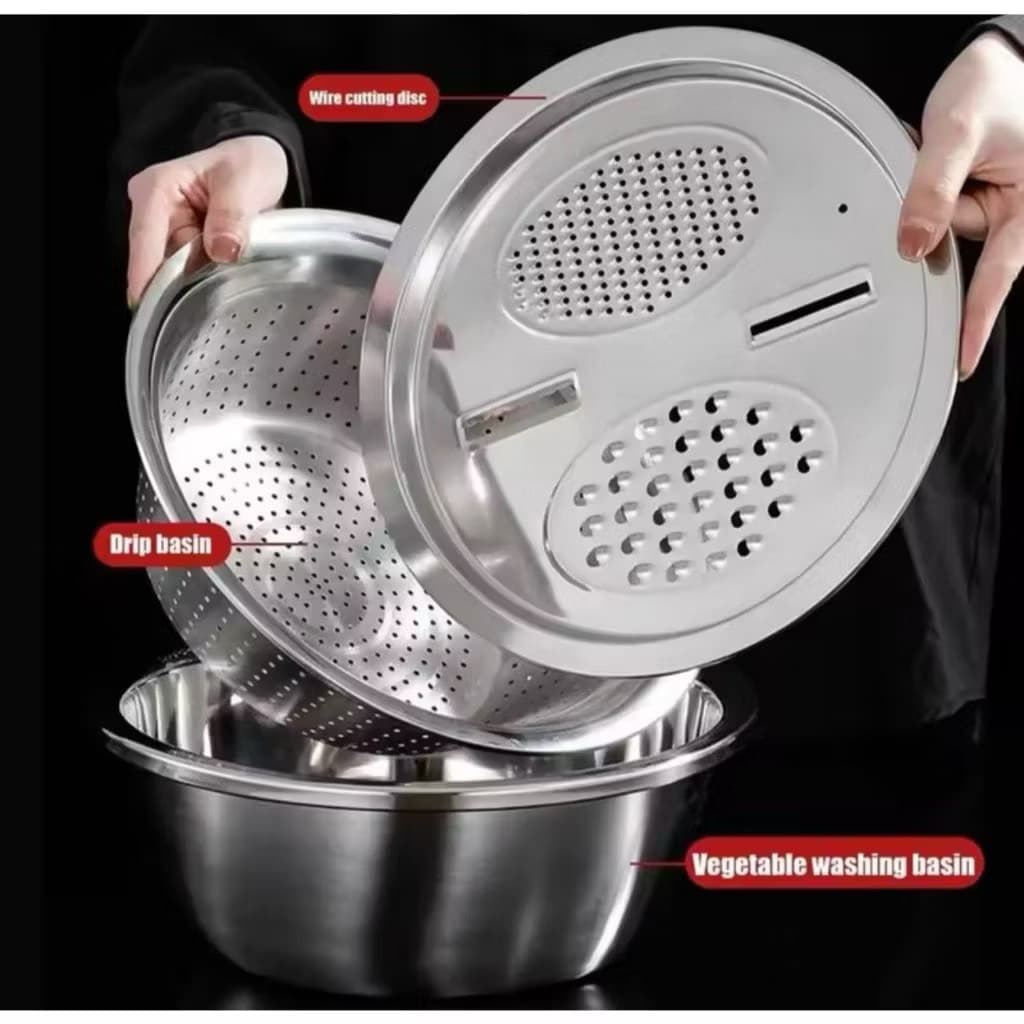 Baskom Parut Set 3in1 Baskom Parutan Saringan Pengiris Sayuran Buah Stainless Steel Serbaguna