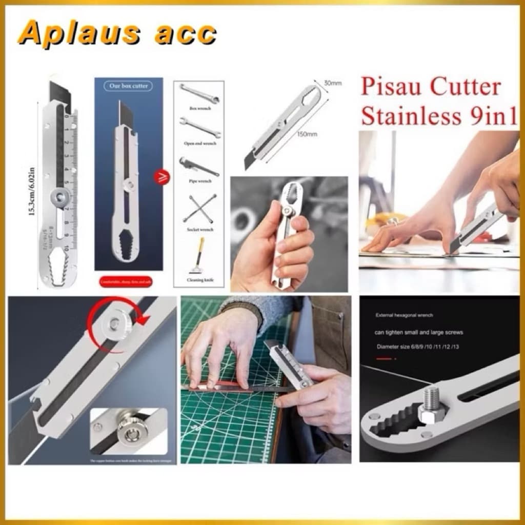 (GROSIRAN) Pisau Cutter Stainless Besi 9in1 Cutter Stainless Pemotong Kertas Tajam Anti Karat