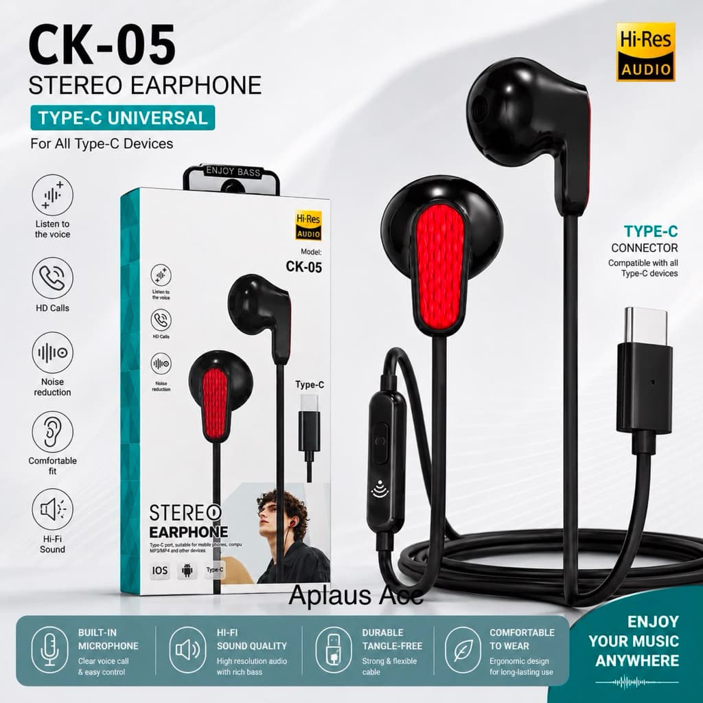 Headset Type C Universal CK-05 Stereo Earphone Hi-Fi Bass Mic HD Call Type C Android Handsfree Telepon