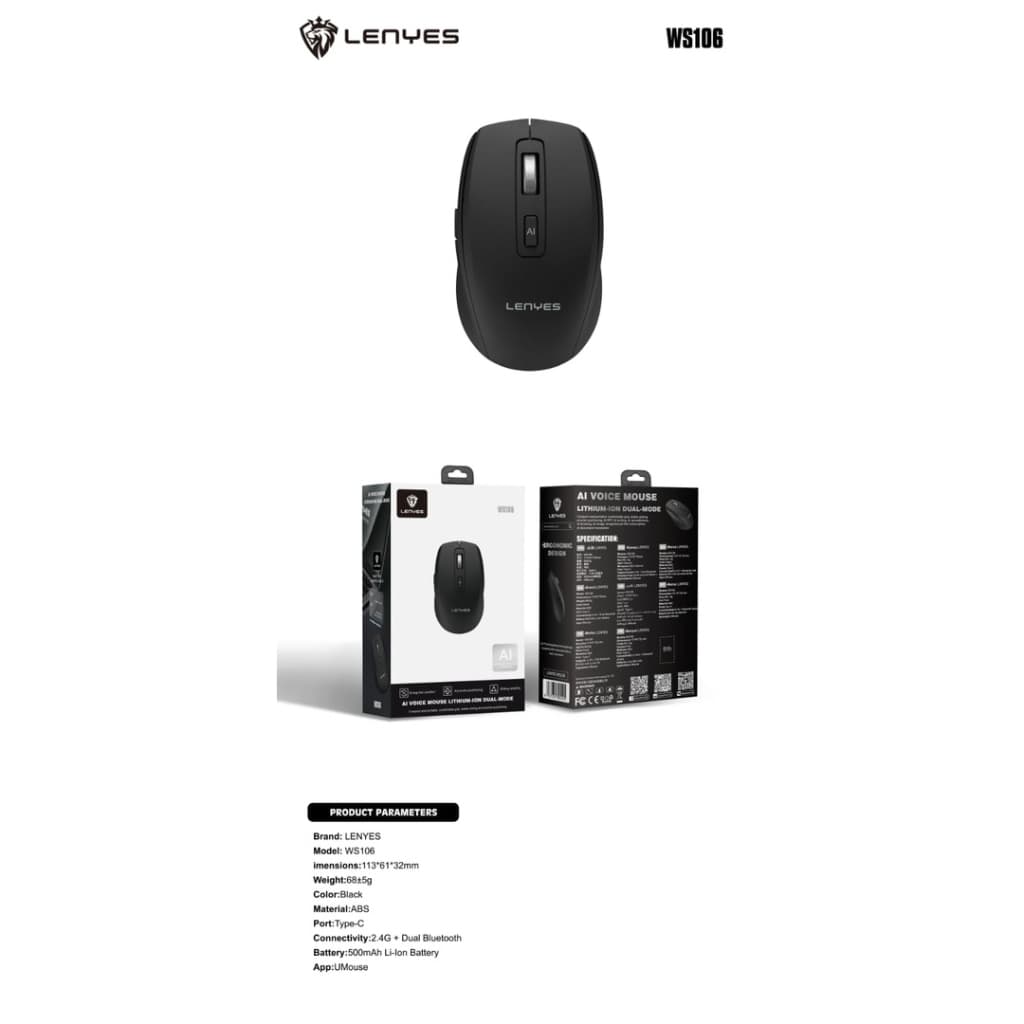 LENYES WS106 Mouse Wireless Dual Mode 2.4G + Bluetooth AI Voice Rechargeable Silent Click Mouse Untuk Windows PC Laptop Tablet HP