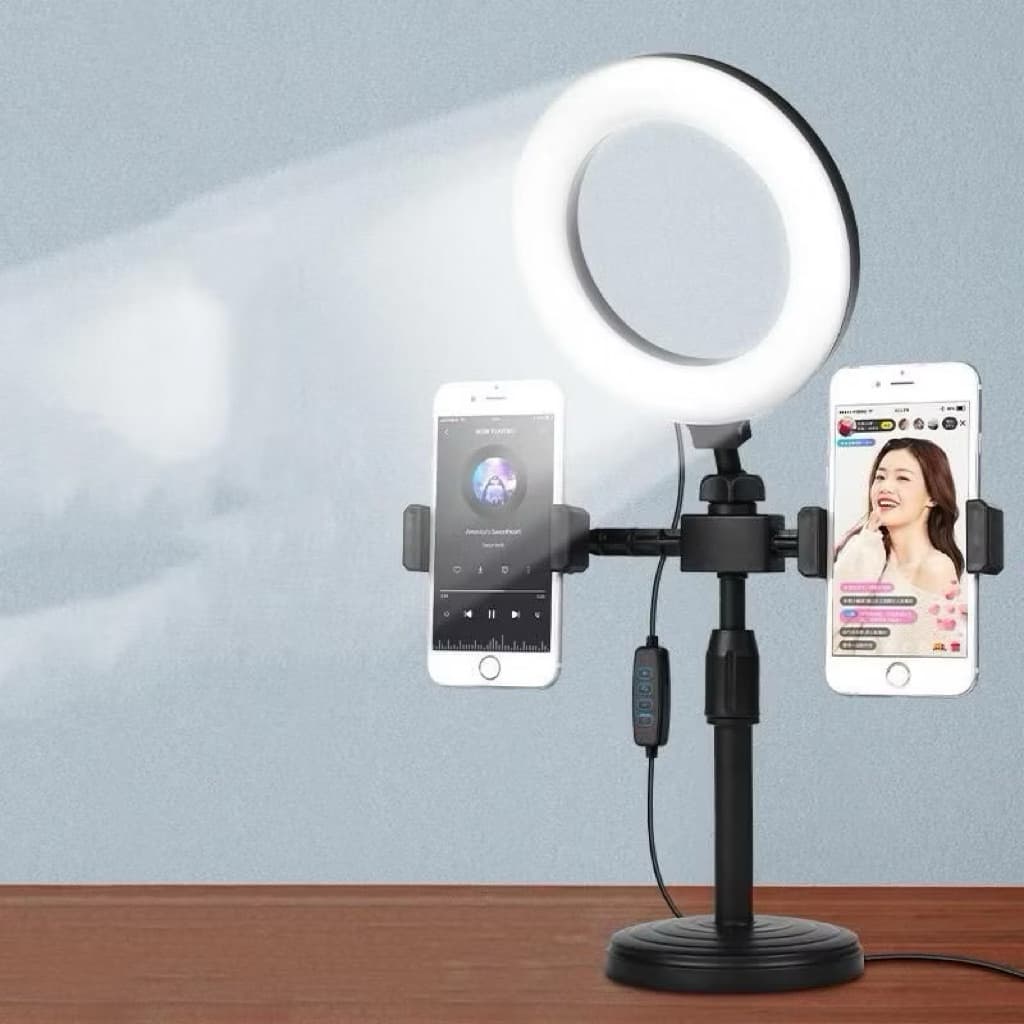 (GROSIRAN) Tripod 28CM + 2 Holder HP + Lampu Ringligth 16CM Stand HP Selfie Vlogging Podcast Review Live Nonton