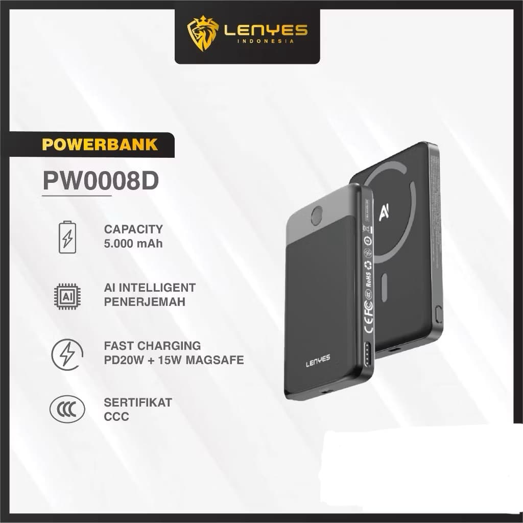 [ Sertifikat CCC ] LENYES PW0008D AI Magnetic Powerbank 5000mAh Wireless Charger 15W Magsafe + PD 20W Fast Charging Power Bank Real Capacity
