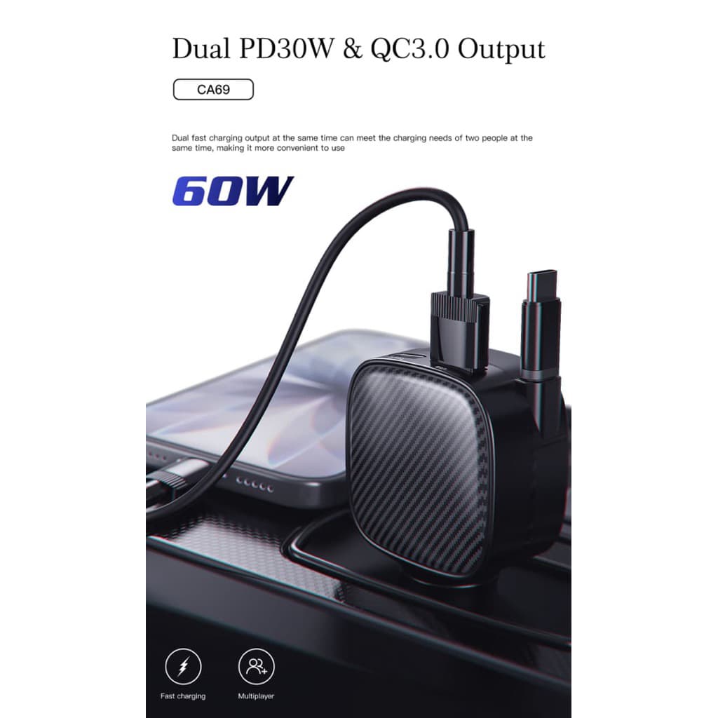 LENYES CA69 30W Car Charger HP Untuk Di Mobil Fast Charging Multi Port Built In Cable Type C