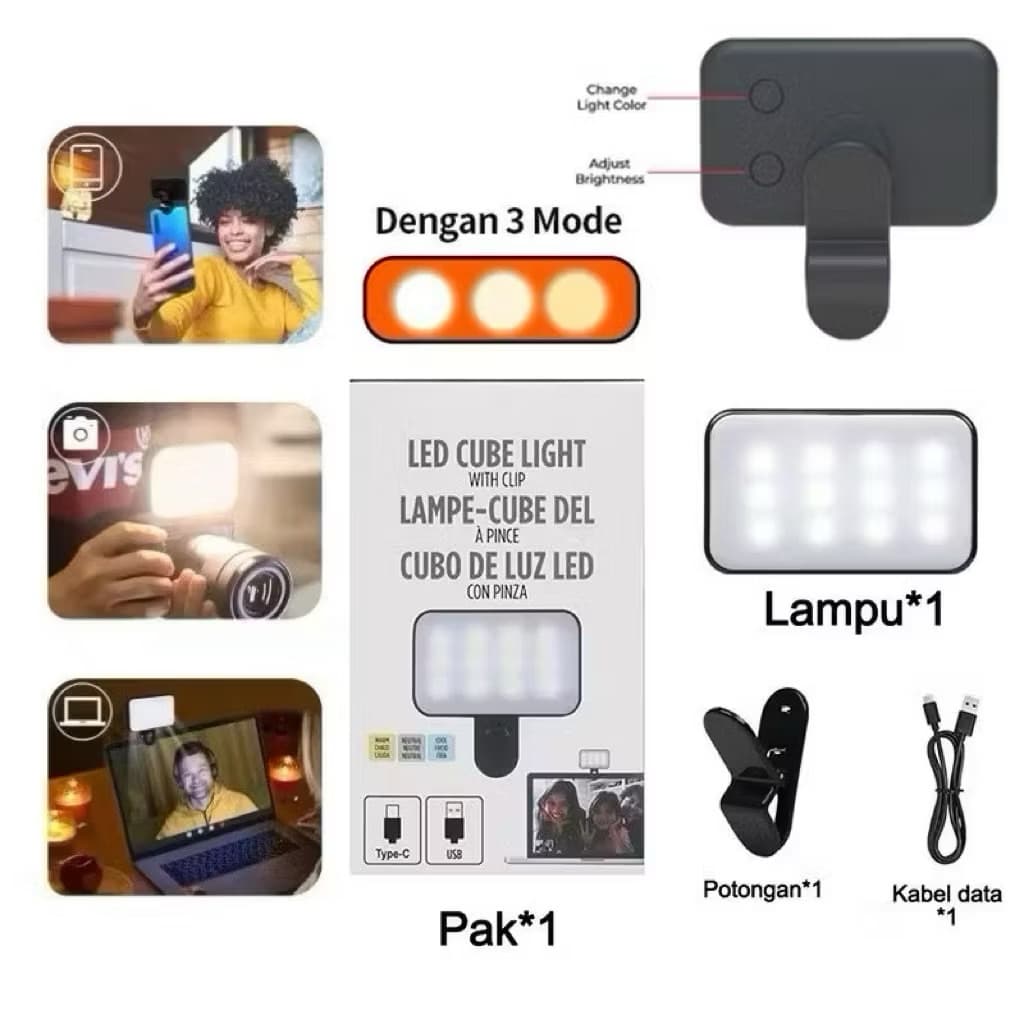(GROSIRAN) Lampu Selfie Led Cube Light Portable Lampu Selfie Mini Fill Light Clip Live Streamer Serbaguna