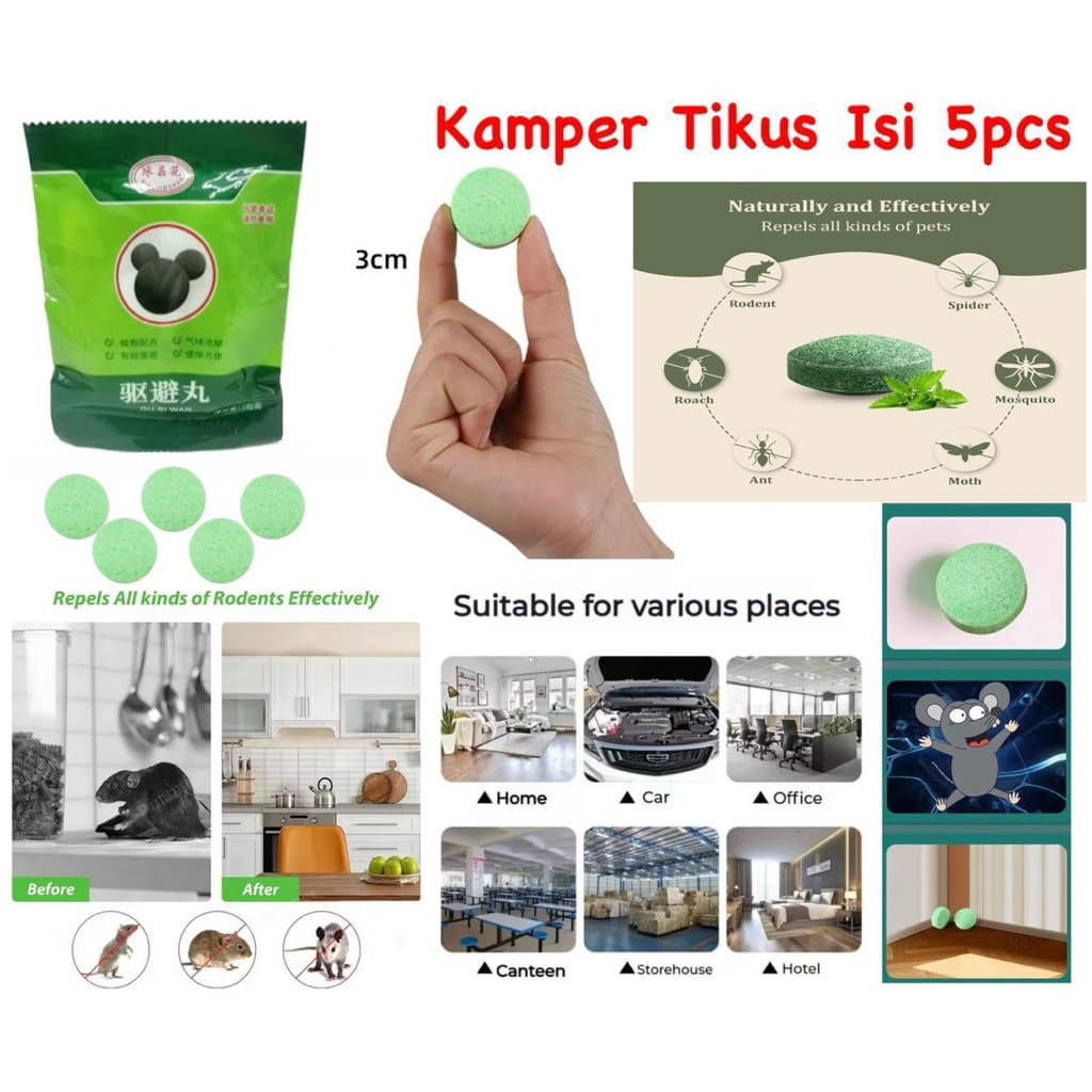 (GROSIRAN) Kamper Tikus Isi 5pcs Kapur Barus Pengusir Tikus Kecoa Serangga Pil Kamper Anti Serangga Tahan Lama