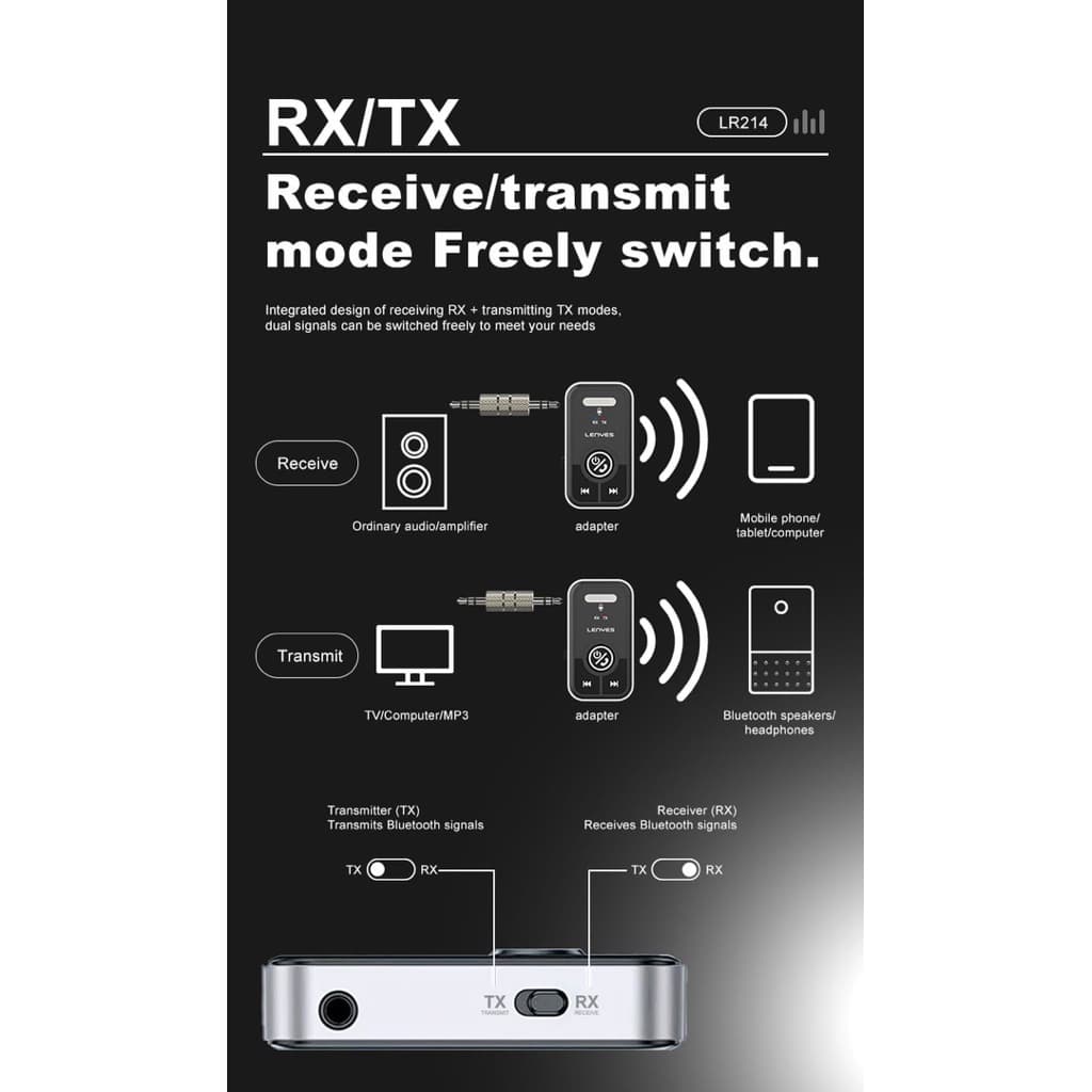 LENYES LR214 Bluetooth Receiver Transmitter Aux 3.5mm Wireless Adapter 5.2 Alat Bluetooth Salon Speaker Audio MP3 Player With Mic