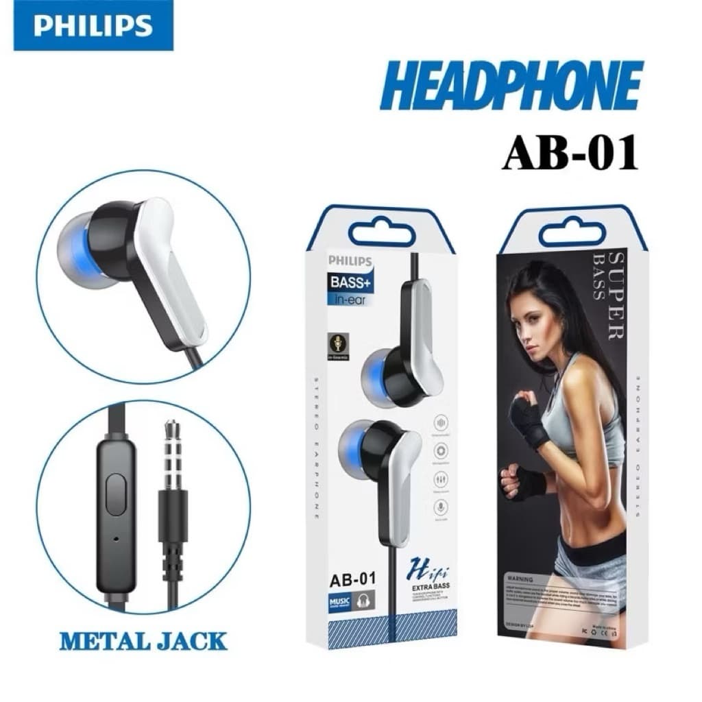 (GROSIRAN Headset Handsfree Philips + Mic Hifi Extra Bass Seri AB