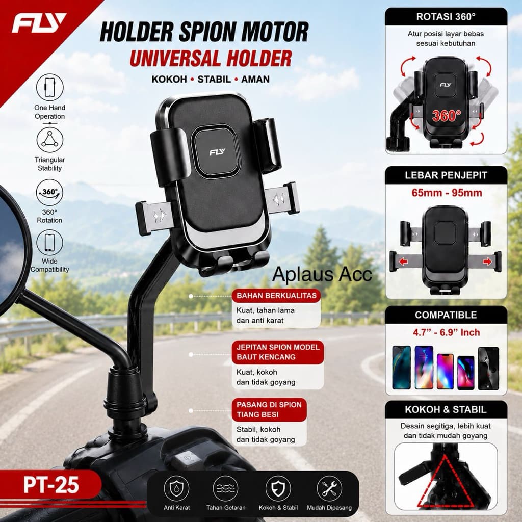 (GROSIRAN) Holder HP Premium Motor Spion PT-25 Universal Rotasi 360° Anti Getar Kokoh untuk Semua Smartphone