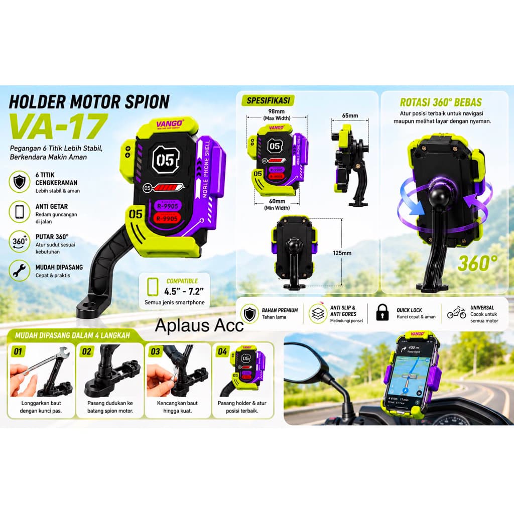 VANGO VA-17 Premium Holder Motor Spion Anti Getar 360° Universal Semua Smartphone