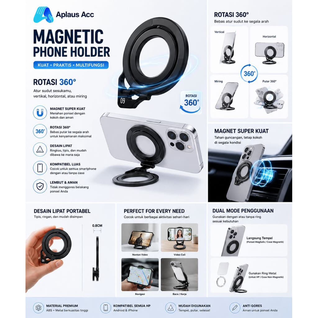 Holder Metal Stand Hp Magsafe Magnetic Vango VA-16 Wristband Dudukan Handphone Anti Jatuh | Bisa DI Meja Mobil Tembok Bisa Di lipat dan Hand Strap Grip