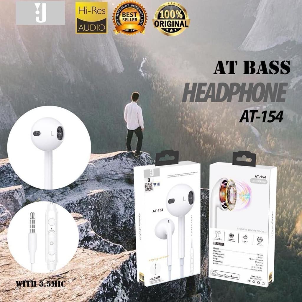 (GROSIRAN) Handsfree Headset AT-154 Colokan 3.5MM Non Karet Earphone Extra Bass