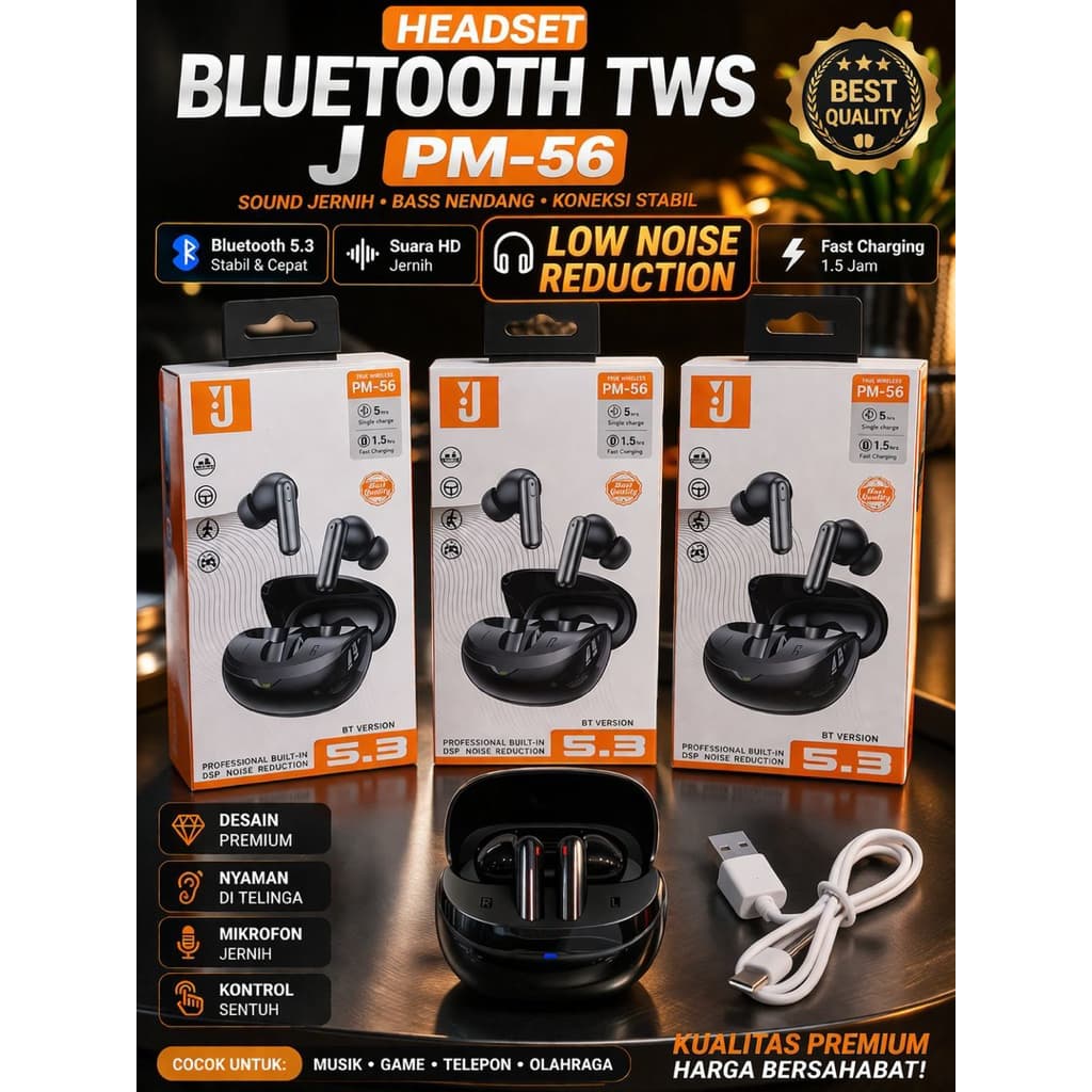 Handsfree Bluetooth 5.3 TWS J PM-56 Wireless Headset Earphone DSP Noice Reduction Mega Bass