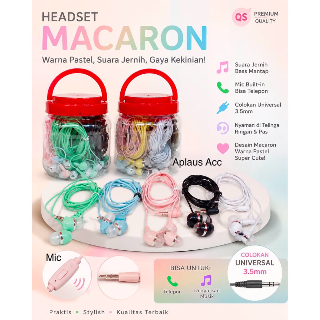 Handsfree Headset Macaron QS + Mic Colokan Universal 3.5MM Earphone Super Bass