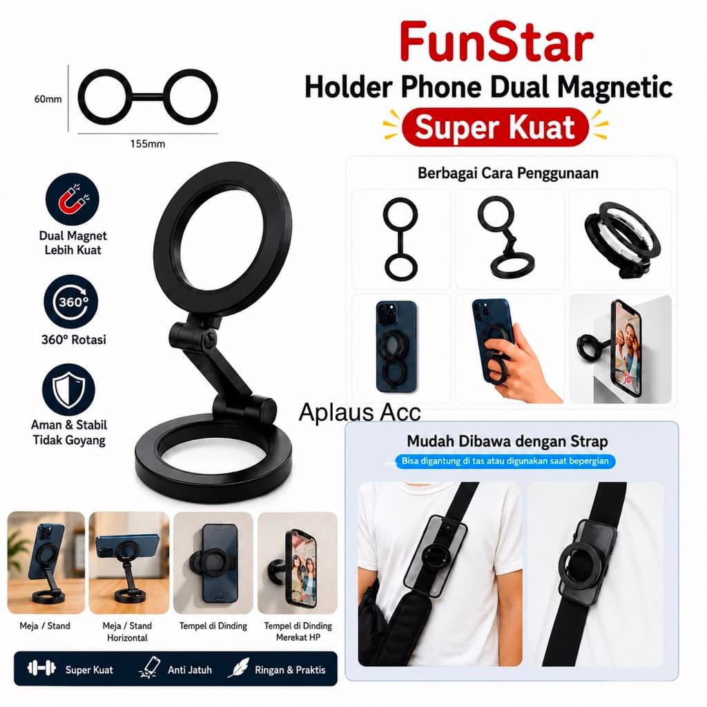 Holder HP Dual Magnetic F-02 Magnet Super Kuat Ring Holder Lipat 360° Universal Compatible MagSafe Anti Jatuh Bisa di Kulkas dan Tas