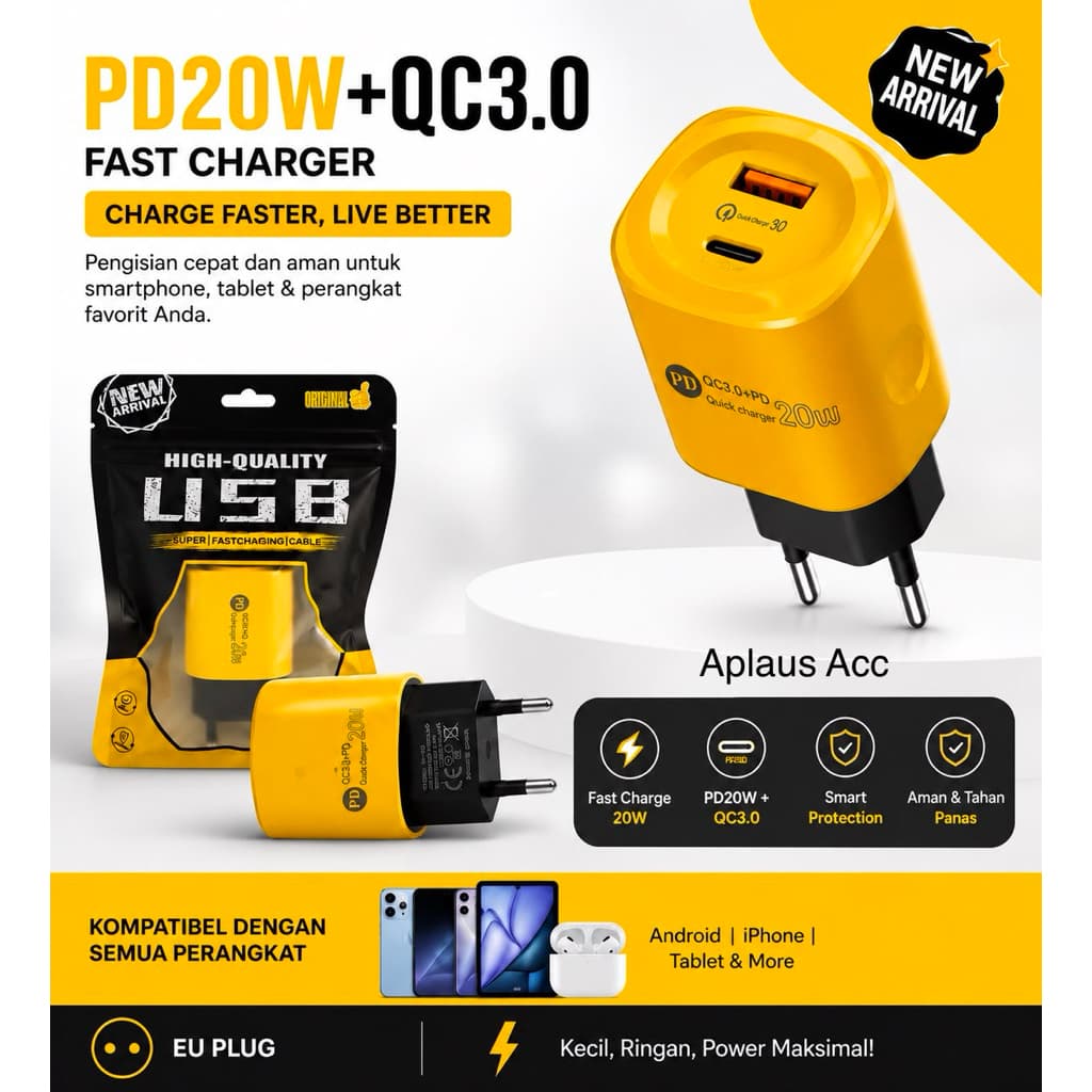 Batok / Adaptor Charger P45 Fast Charging 20W PD + QC3.0 Dual Port USB & Type C | Untuk IOS, Android, Tablet | Smart Protection