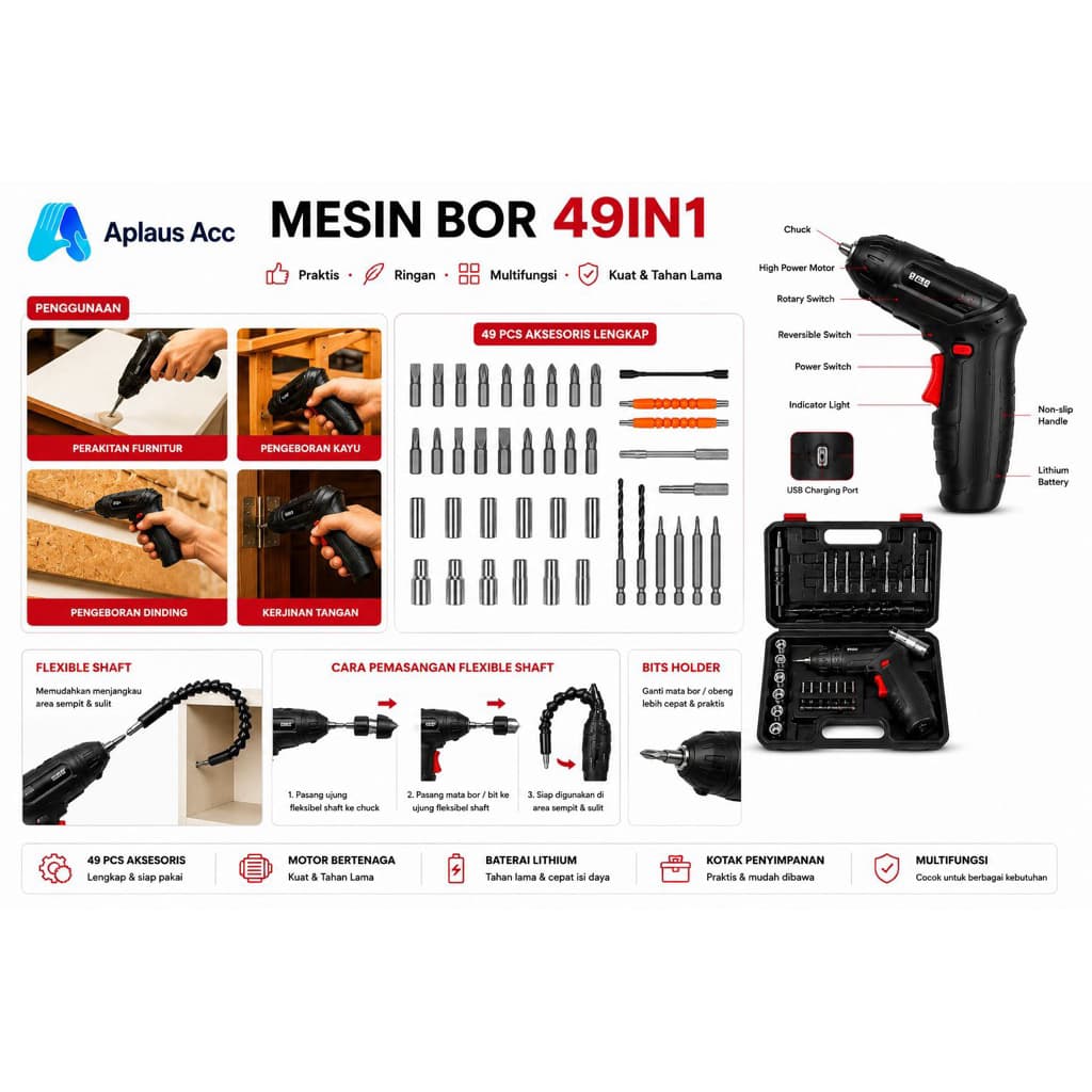 Mesin Bor Set 49in1 Mesin Bor Obeng Listrik Portable Screwdriver Tools 49pcs Set Koper Lengkap