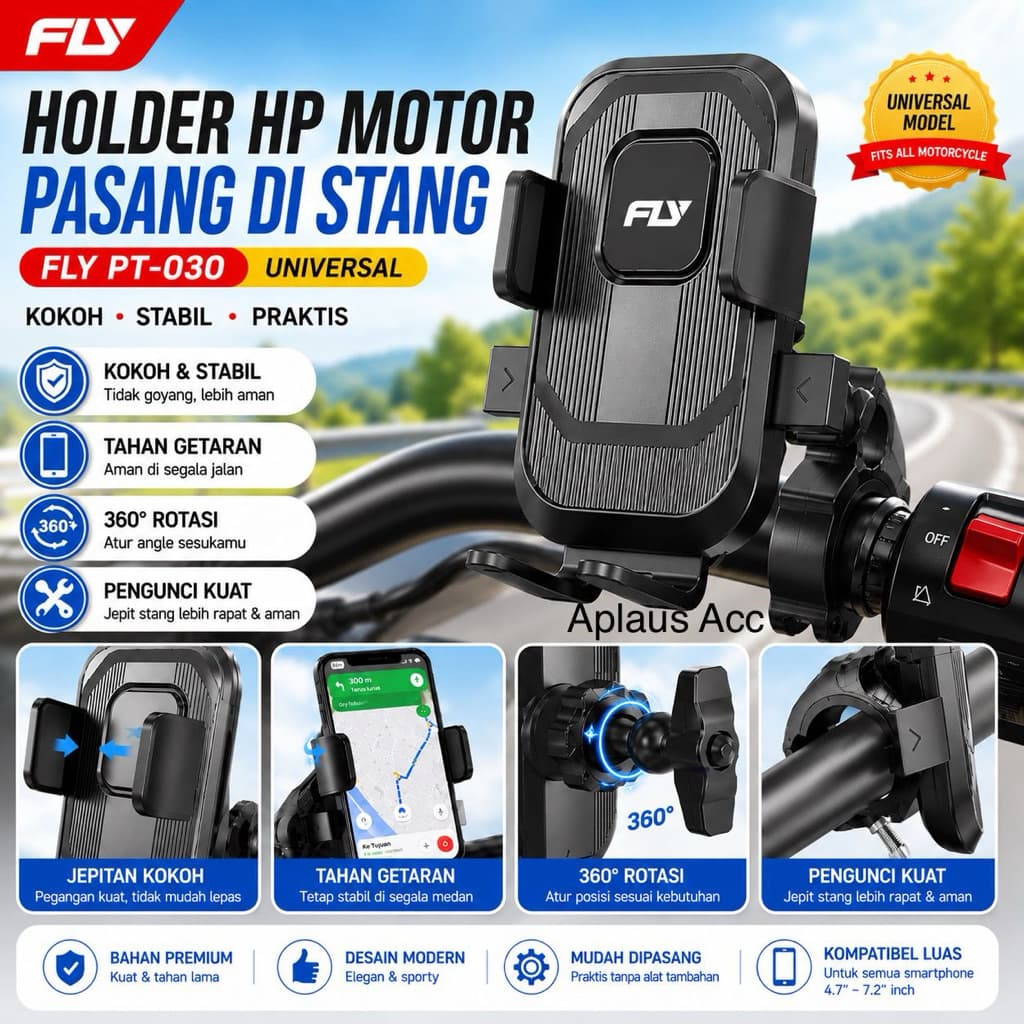 (GROSIRAN) Holder HP Motor Stang FLY PT-030 Universal Anti Getar Rotasi 360° Dudukan HP Motor Kuat & Stabil