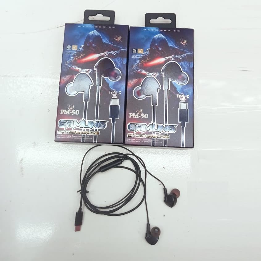 Handsfree Gamung Sport Earphone PM-50 + Mic Headset Stereo Sound Quality Konektor Type C