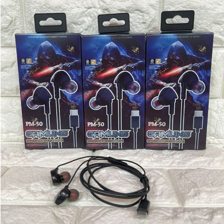 Handsfree Gamung Sport Earphone PM-50 + Mic Headset Stereo Sound Quality Konektor Type C