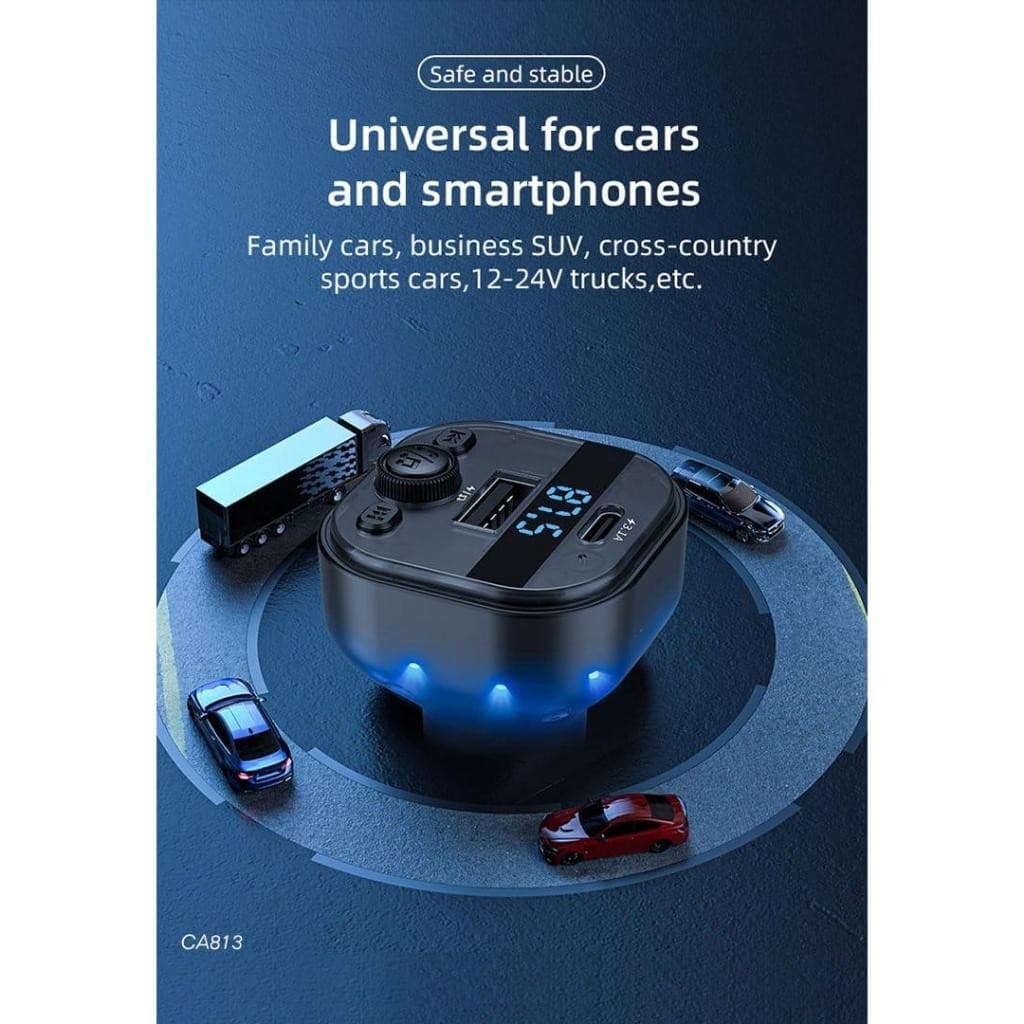 Car Charger LENYES CA813 FM Transmitter Bluetooth 5.3 Modulator Dual Port dengan Kabel Built-In (Lightning, Type C, Micro USB) & Mic