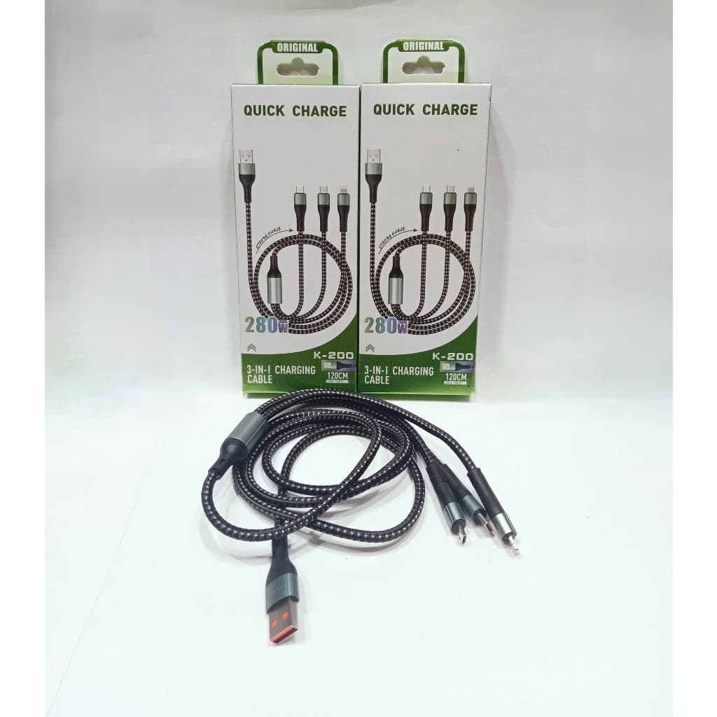 KAbel Data 3in1 K-200 1.2meter + Pack USB V8/Micro & Type-C &Ligh Support Fast Charging Universal
