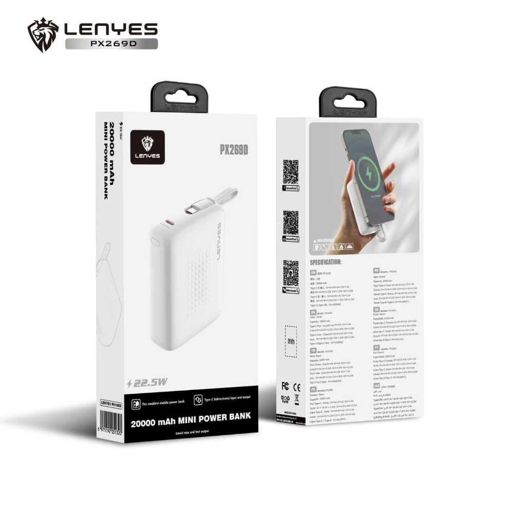 Powerbank Mini 20000mAh LENYES PX269D Fast Charging 22.5W Built In Cable Type C Output Power Bank Portable