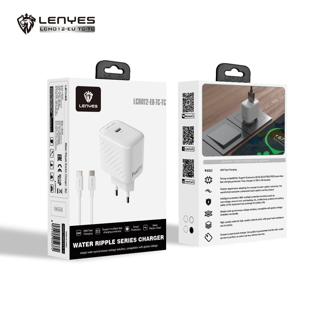 Travel Charger Fast Charging LENYES LCH012 20W 1 set Adaptor Kepala Charger Port Type C dengan Kabel Data Casan HP