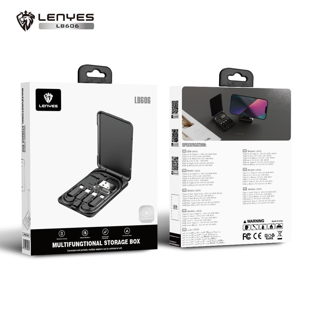 Storage Box Cable LENYES LB606 60W Multifunctional Type C Fast Charging With Adaptor Converter USB + Lightning + Micro Kabel Data Powerbank Charger