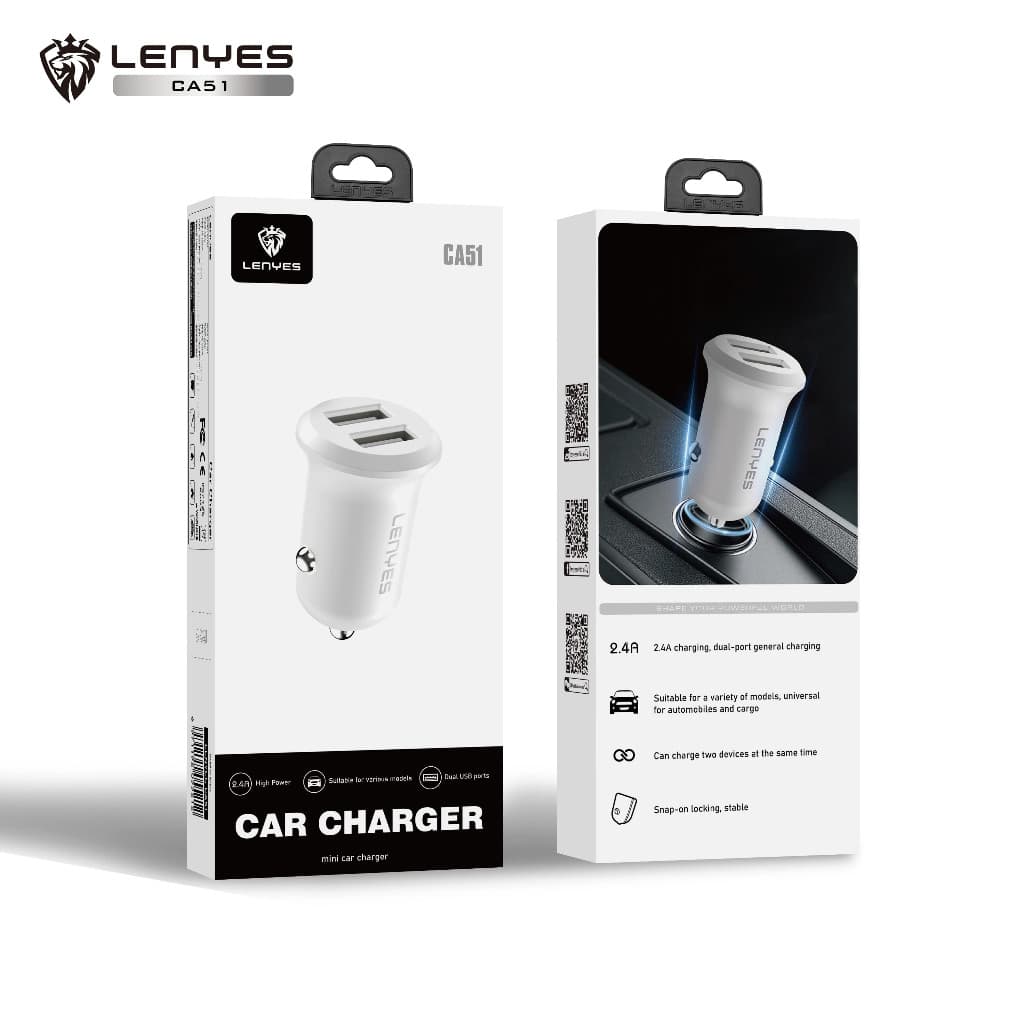 Mini Car Charger LENYES CA51 2.4A Dual Port USB Adaptor Saver Mobil Untuk HP