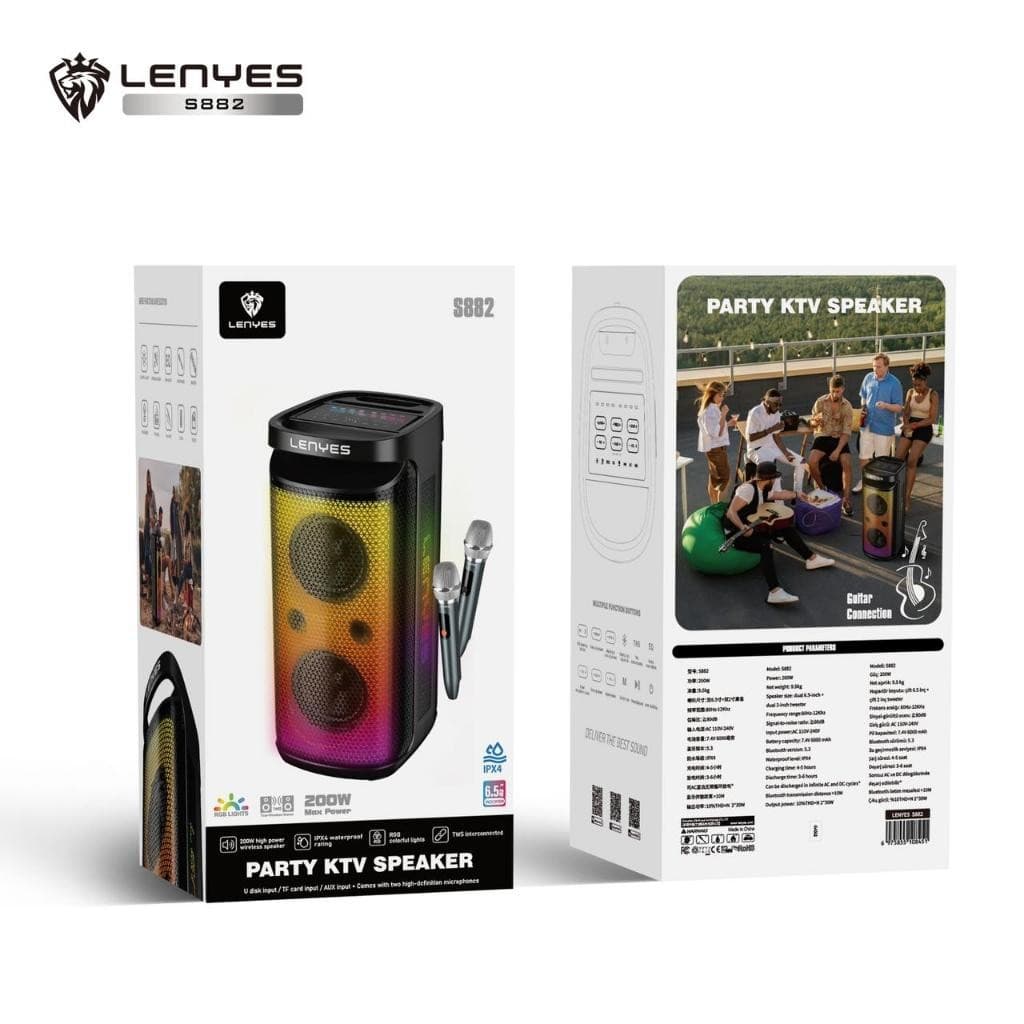 Speaker + Microphone LENYES S882 200W KTV Wireless Bluetooth 5.3 High Power With RGB Light Waterproof IPX4 TWS