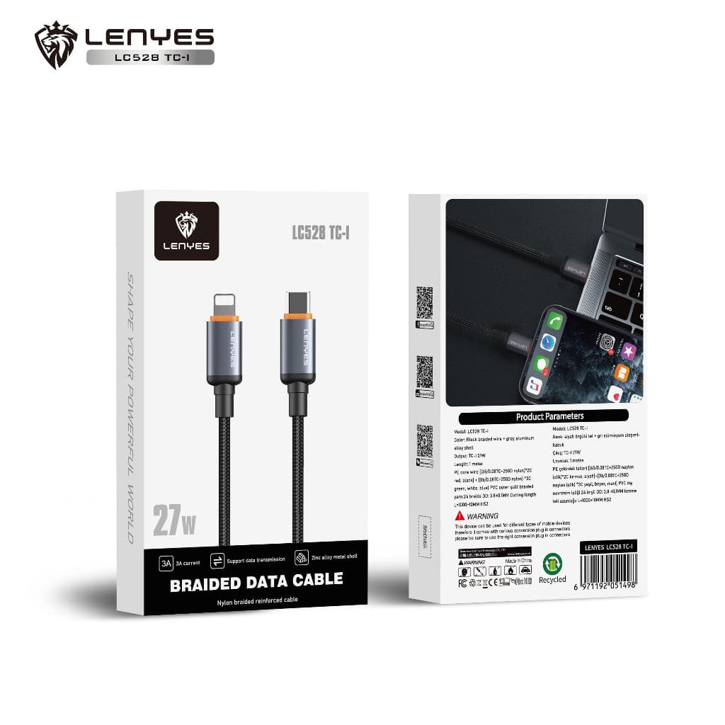 Kabel Data LENYES LC528 Fast Charging Lightning 27W Type C 60W Data Cable Charger Braided Nylon 1 Meter