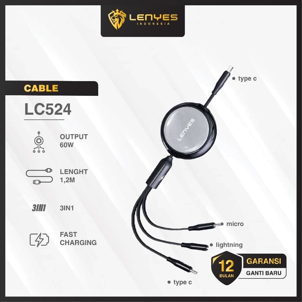 Kabel Data 3 in 1 LENYES LC524 Fast Charging 60W Data Cable Type C To Type C Lightning 1.2 Meter