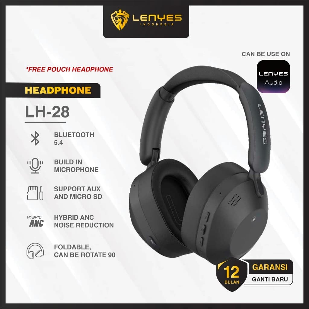Headset LENYES LH28 Wireless Bluetooth 5.4 Hybrid ANC Headphone Foldable Heavy Bass Hifi Stereo With Mic
