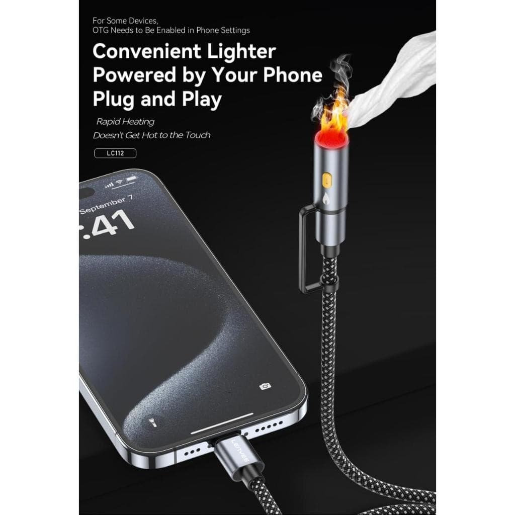 Kabel Data 6 IN 1 LENYES LC112  Fast Charging 60W Type C To Lightning USB Multifungsi Korek Api Elektrik Lampu LED 1 Meter