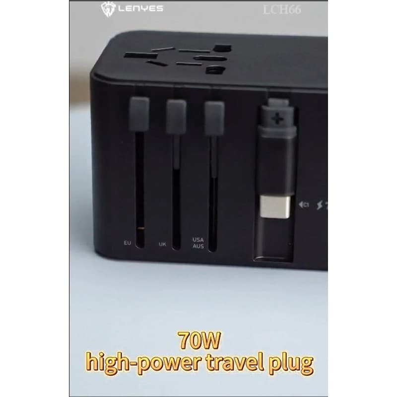 Adaptor International LENYES LCH66 70W GaN Universal Travel Charger Dual Port USB + Type C Fast Charging Built In Cable Type C