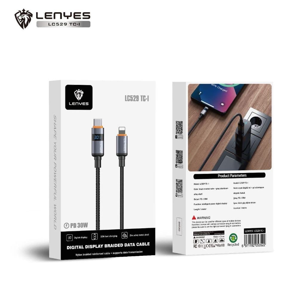 Kabel Data LENYES LC529 PD 30W 66W 100W Fast Charging Type C Lightning Data Cable Charger Braided Nylon 1 Meter