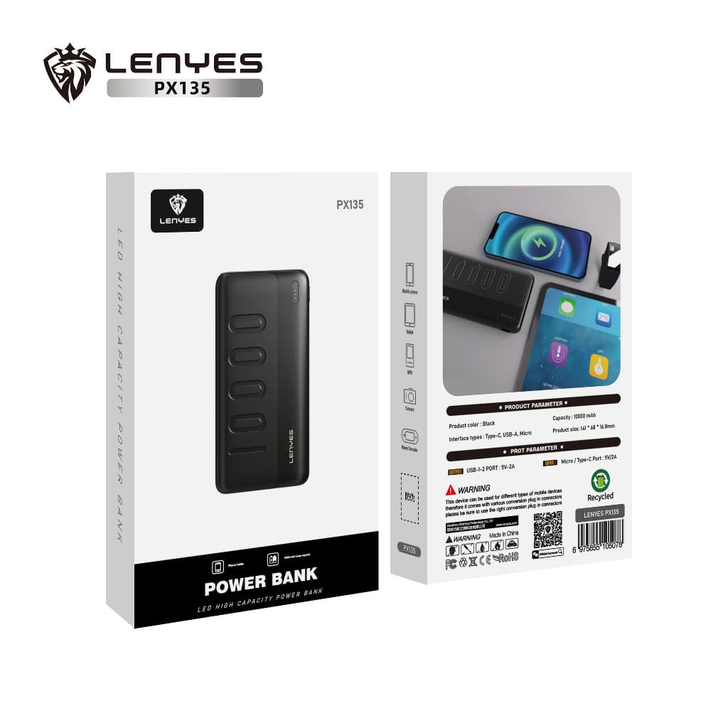 Powerbank 10000mAh LENYES PX135 Slim Portable Real Capacity LED Display Indicator Power Bank