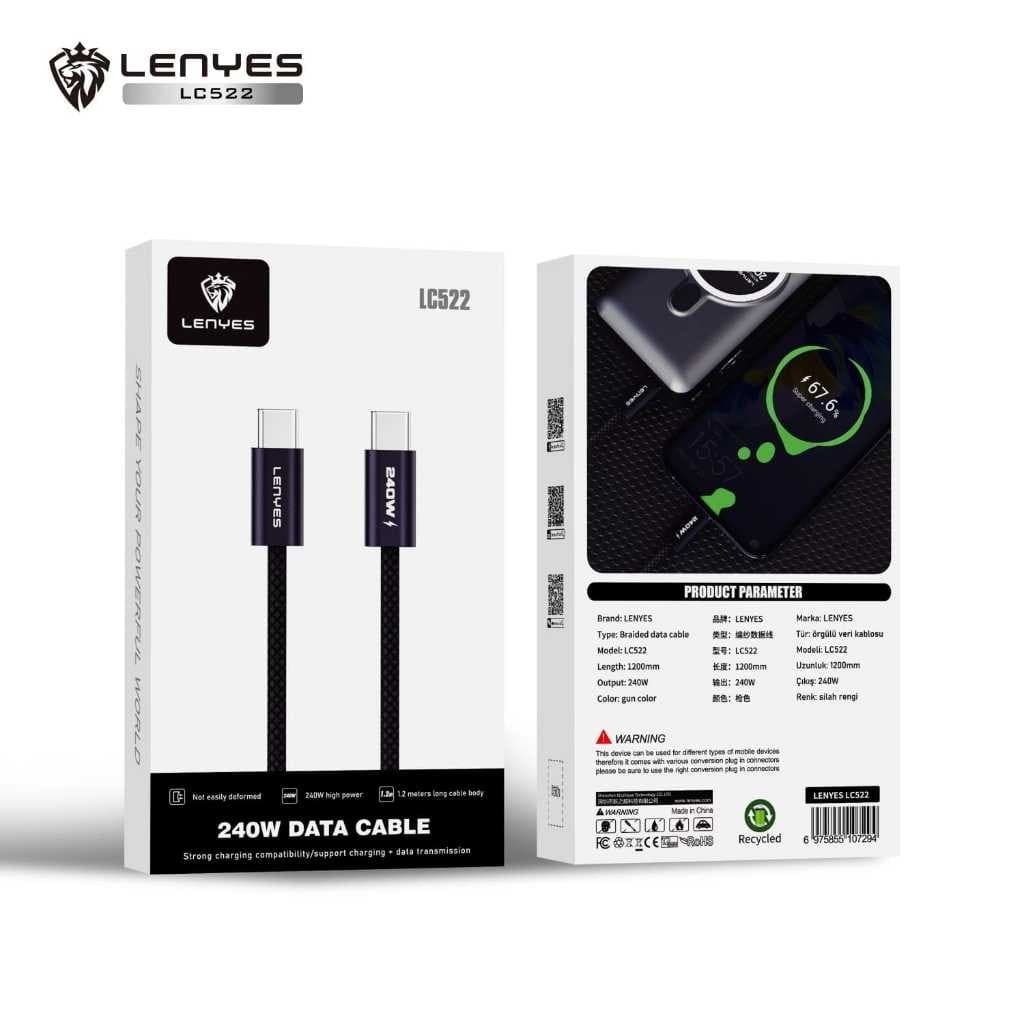 Cable Data LENYES LC522 240W Fast Charging Type C To Type C Charger Kabel Data Braided Nylon 1.2 Meter