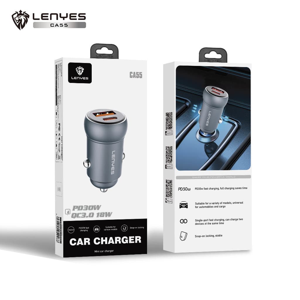 Adaptor Saver Mobil LENYES CA55 PD30W Mini Car Charger Fast Charging QC3.0 Dual Port Type C + USB Untuk HP